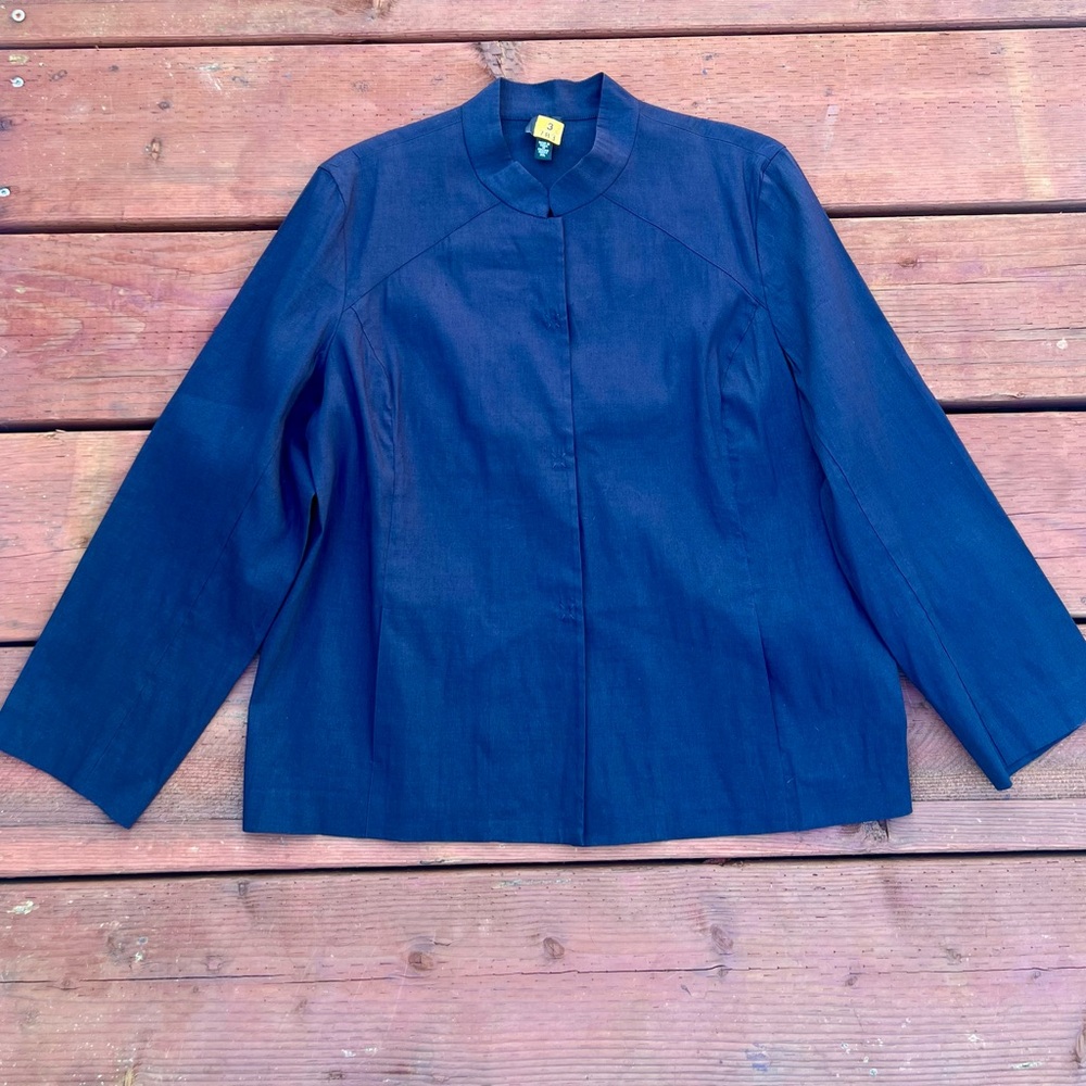 Eileen Fisher Sz XL Navy Blue Mandarin Collar Linen Snap Shirt Jacket Pockets